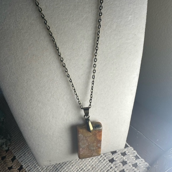 Coral Fossil Rectangle Pendant Necklace - Picture 6 of 9